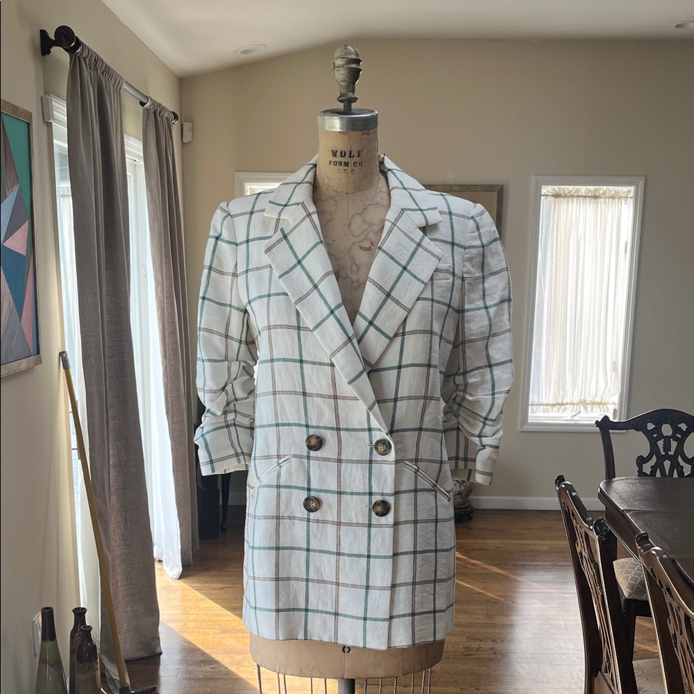 Veronica Beard White Plaid Double-Breasted Blazer with Green & Brown Windowpane